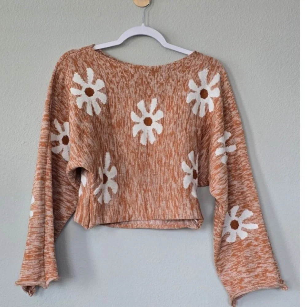 Boho Daisy Floral Cropped Sweater Orange White Retro Knit Medium - Picture 3 of 5